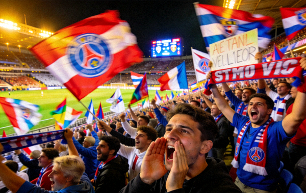 体育场看台上球迷为球队加油助威的画面
